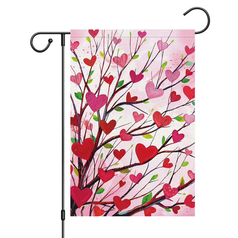 Louise Maelys Garden Flag 12x18 inch front view with heart tree design