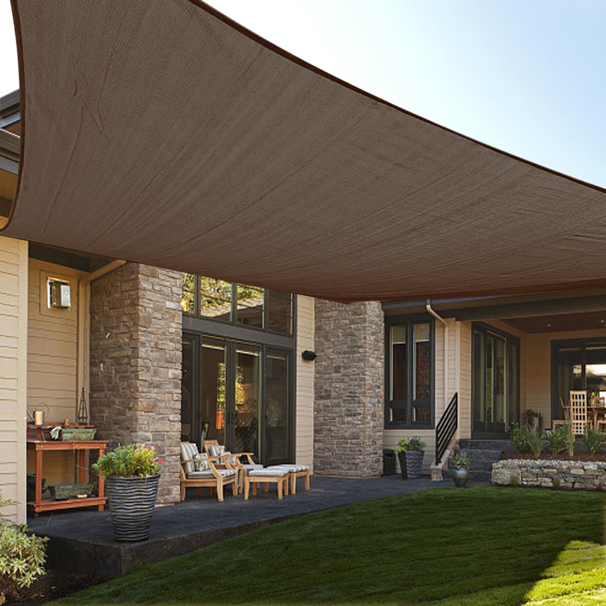 LOVE STORY 12' x 16' brown shade sail front view