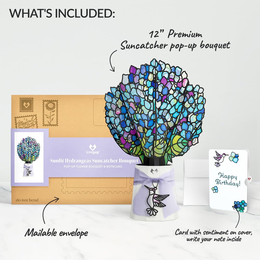 Lovepop Sunlit Hydrangeas Suncatcher Bouquet with sentiment card