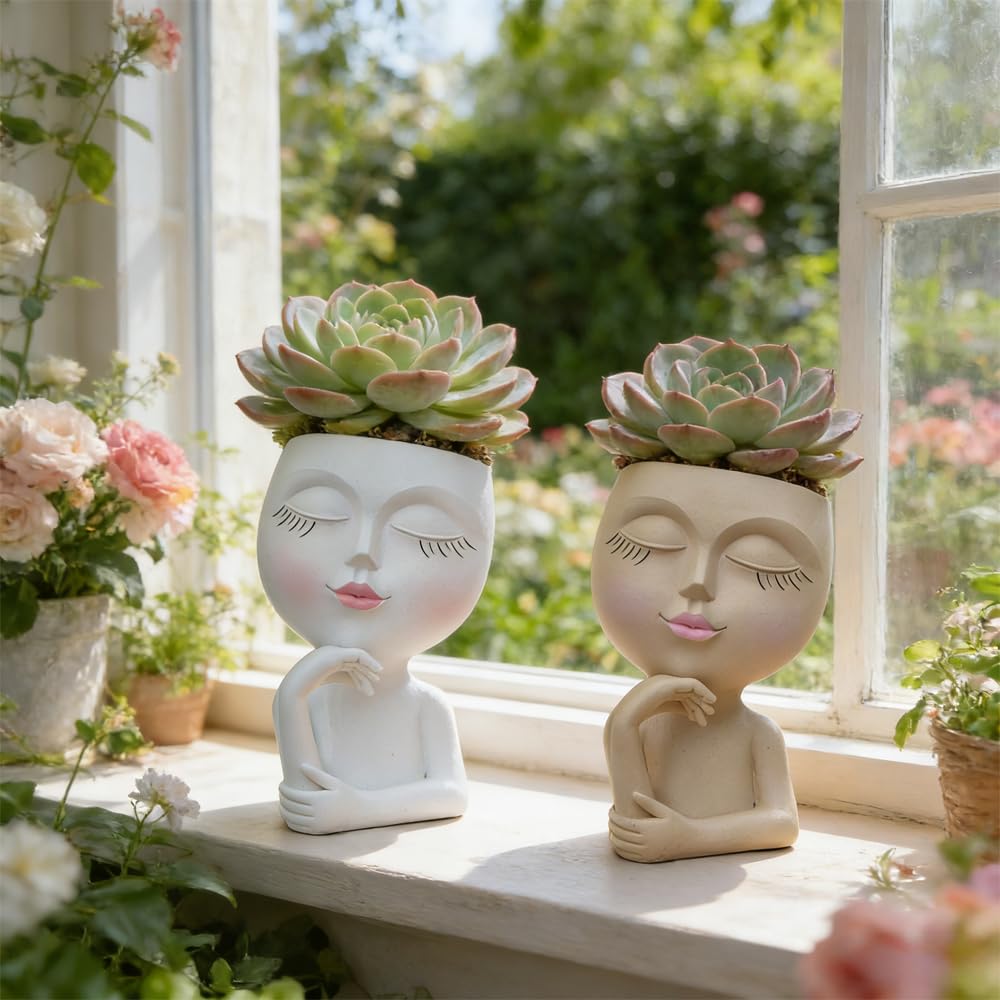 LovTocTic Thinking Face Planter on a bookshelf with books