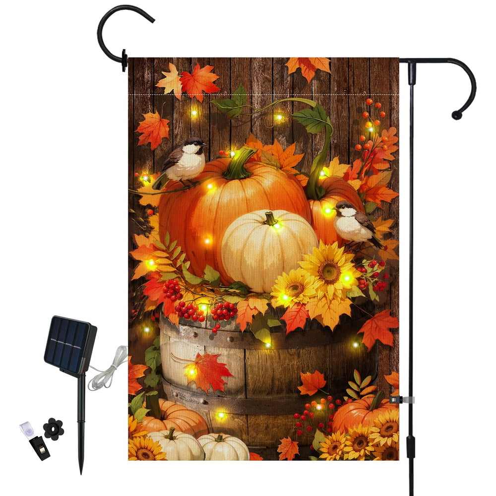 LPREUTWN Lighted Pumpkin Garden Flag front view with solar lights