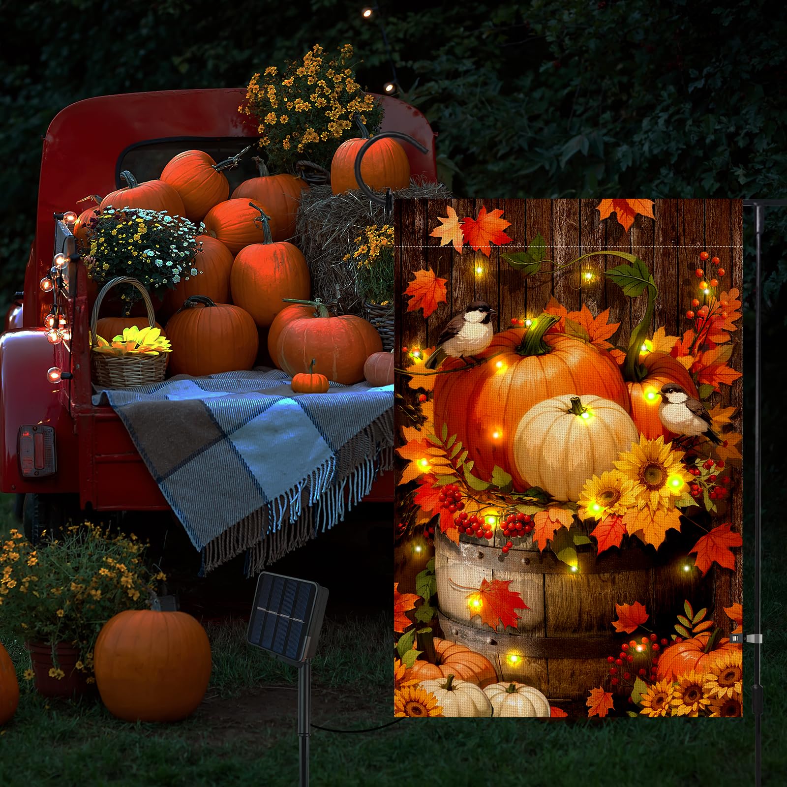LPREUTWN Lighted Pumpkin Garden Flag lit up at night
