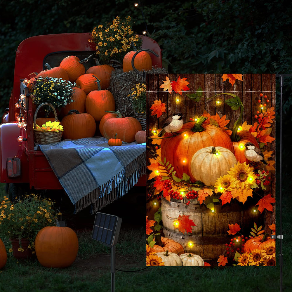 LPREUTWN Lighted Pumpkin Garden Flag lit up at night