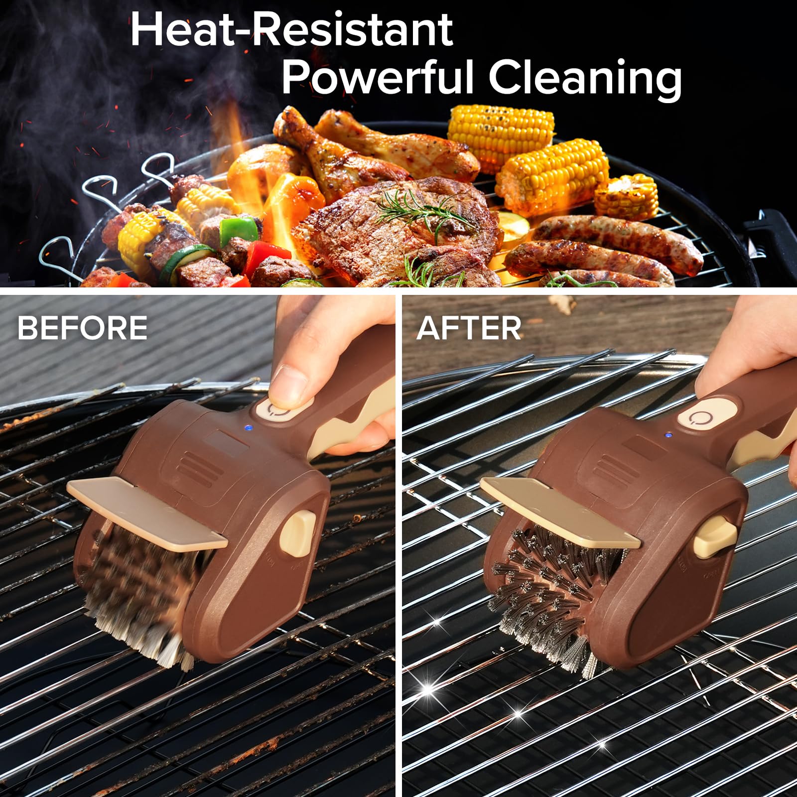 Lrly Electric Grill Brush cleaning a charcoal grill