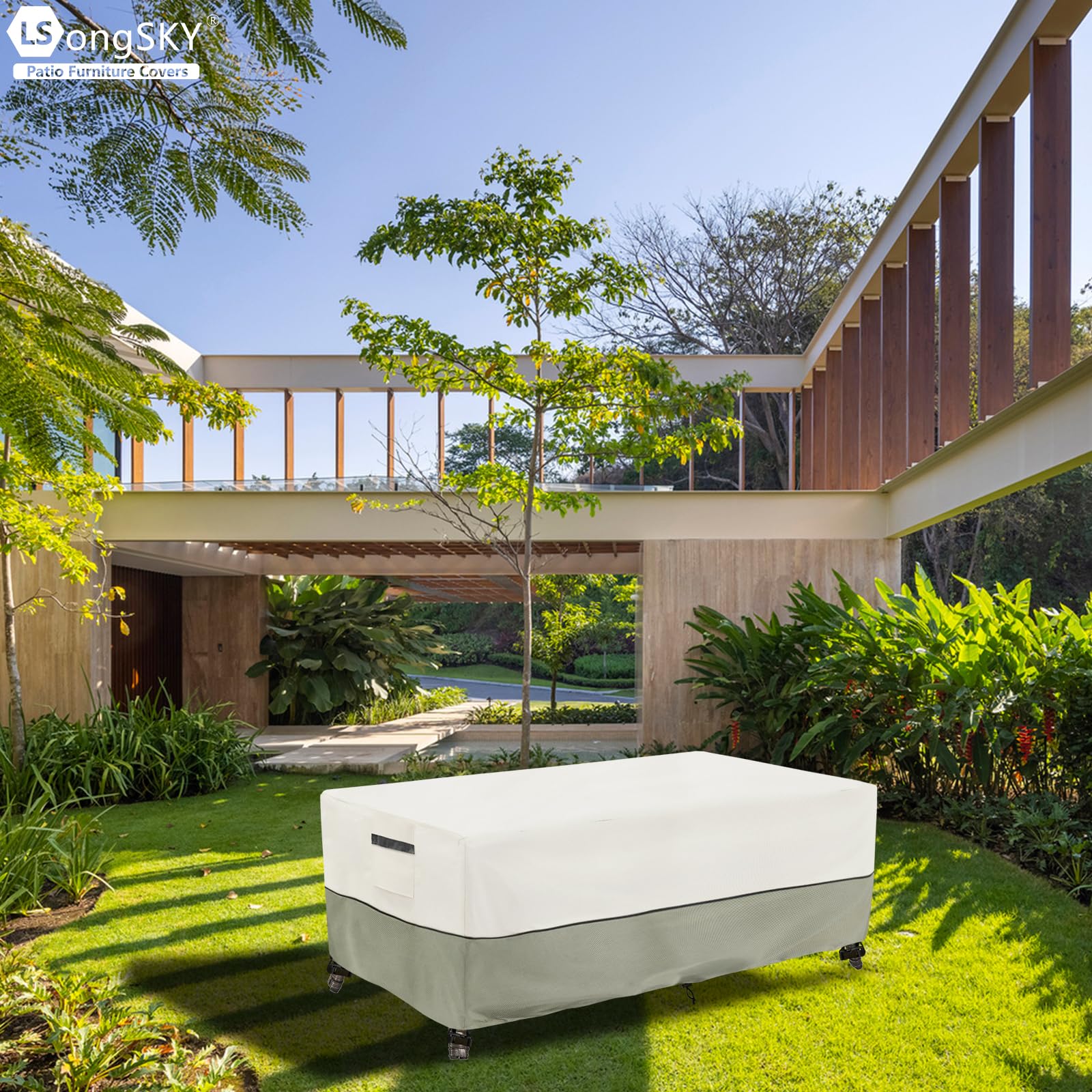 LSongSKY Outdoor Coffee Table Cover secured with straps