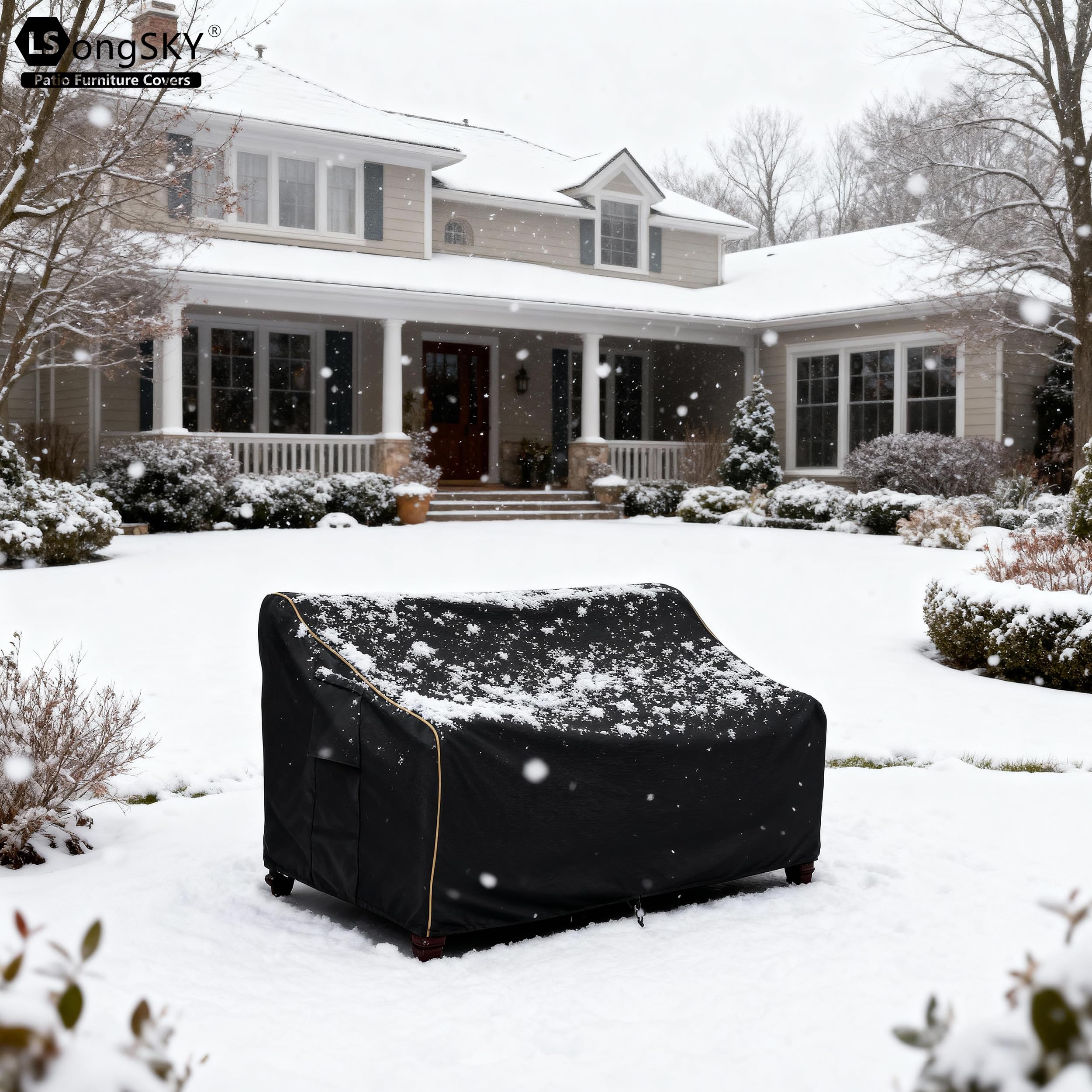 LSongSKY Patio 3-Seater Sofa Cover secured on a windy day