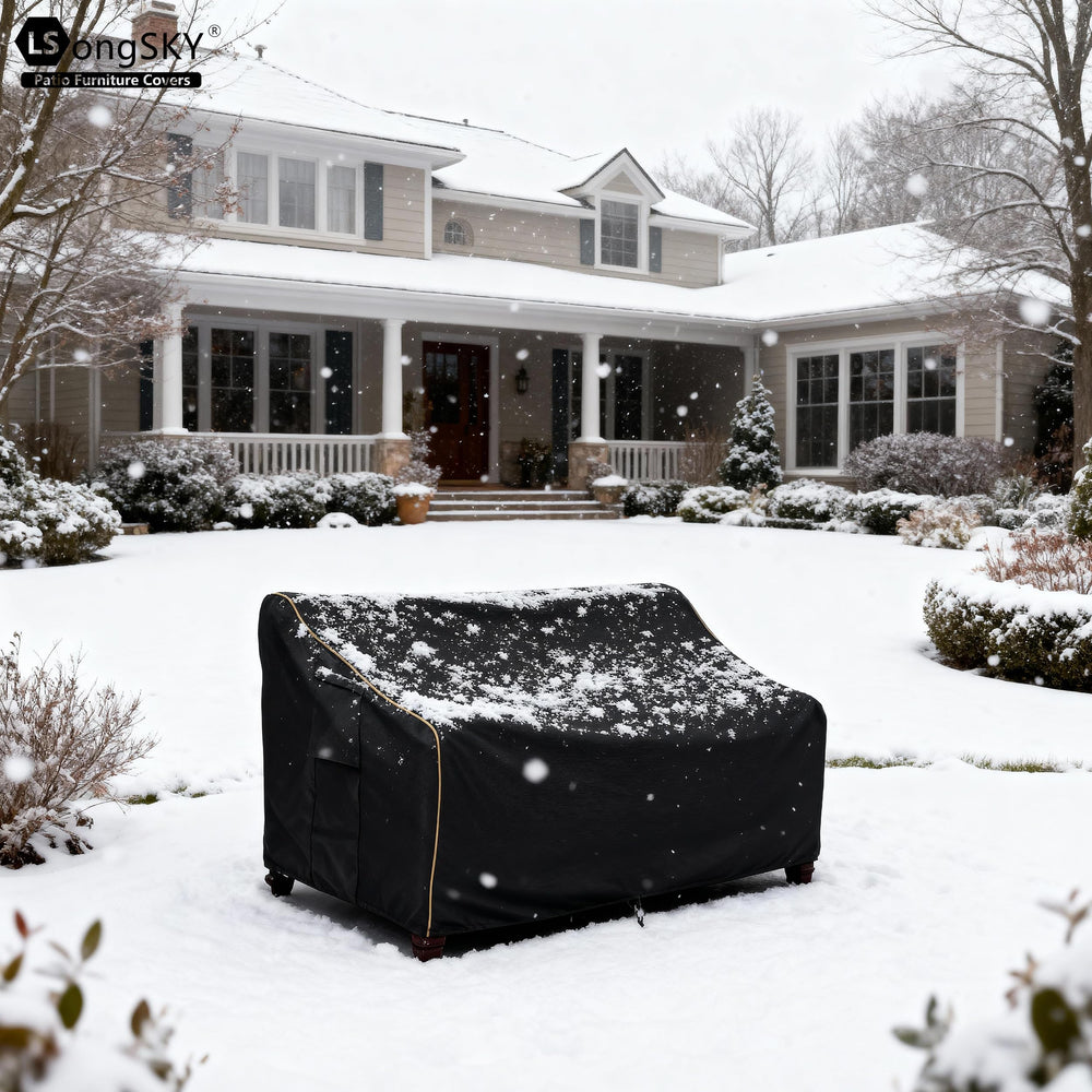 LSongSKY Patio 3-Seater Sofa Cover secured on a windy day