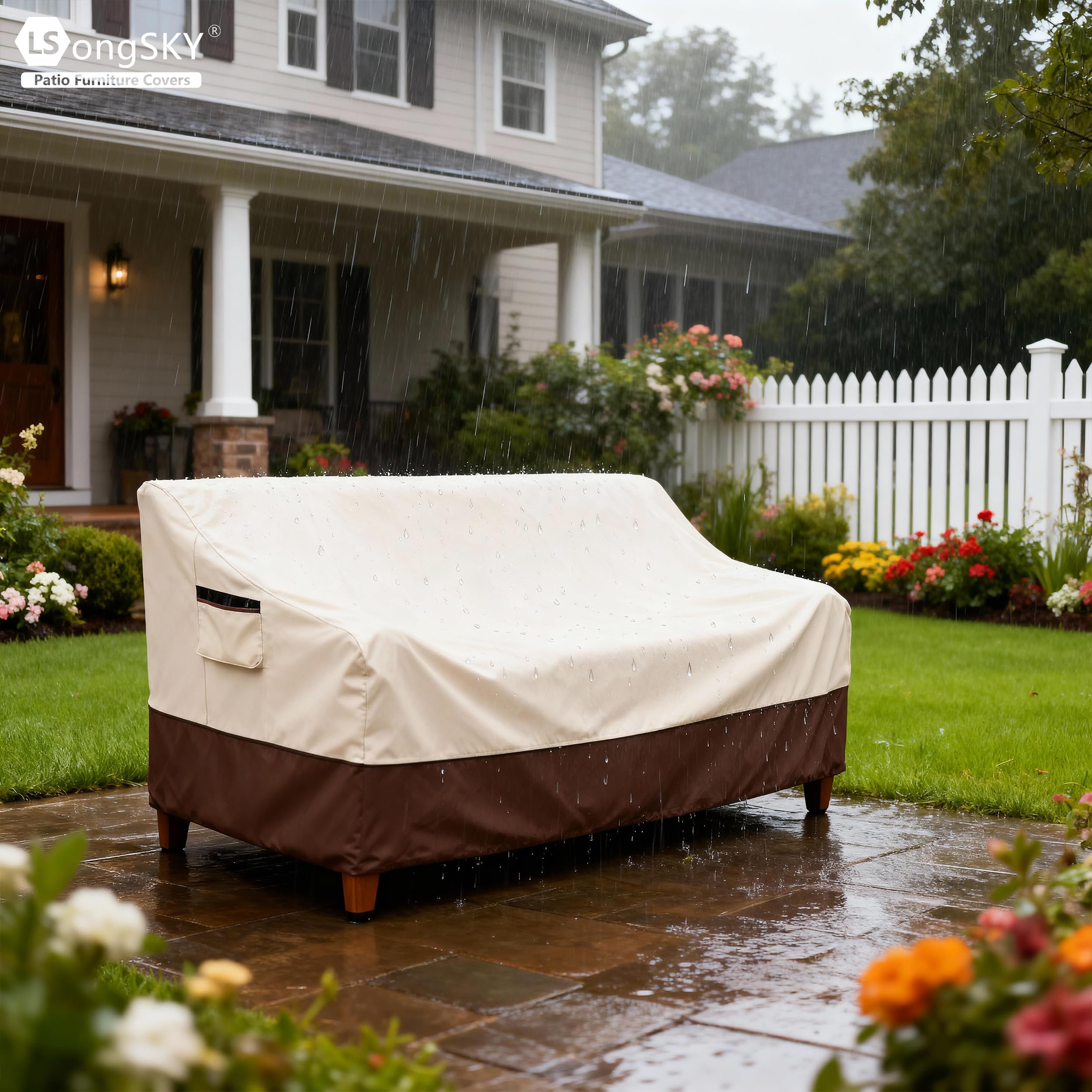 LSongSKY Patio Sofa Cover in a garden setting