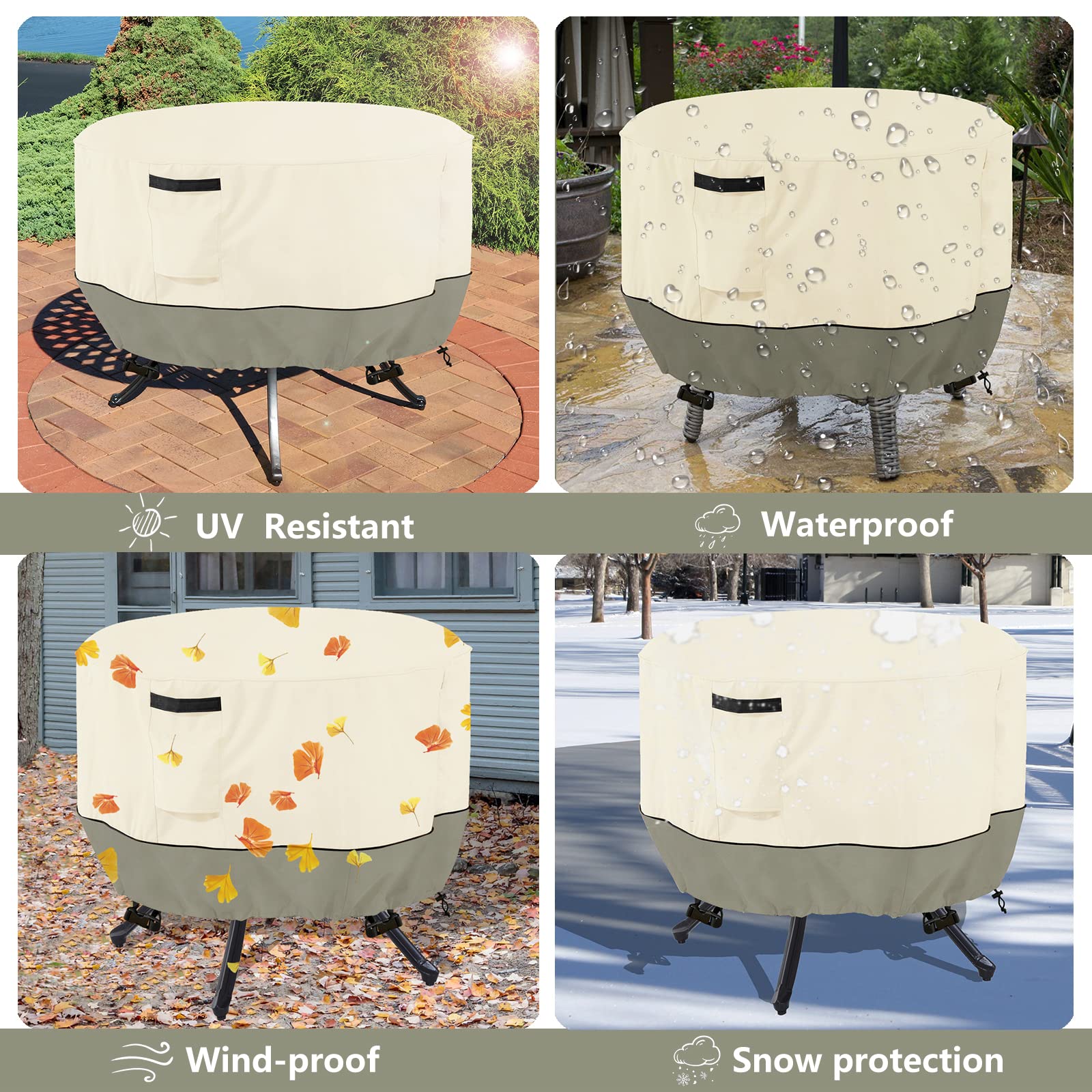 LSongSKY Round Patio Table Cover secured with straps