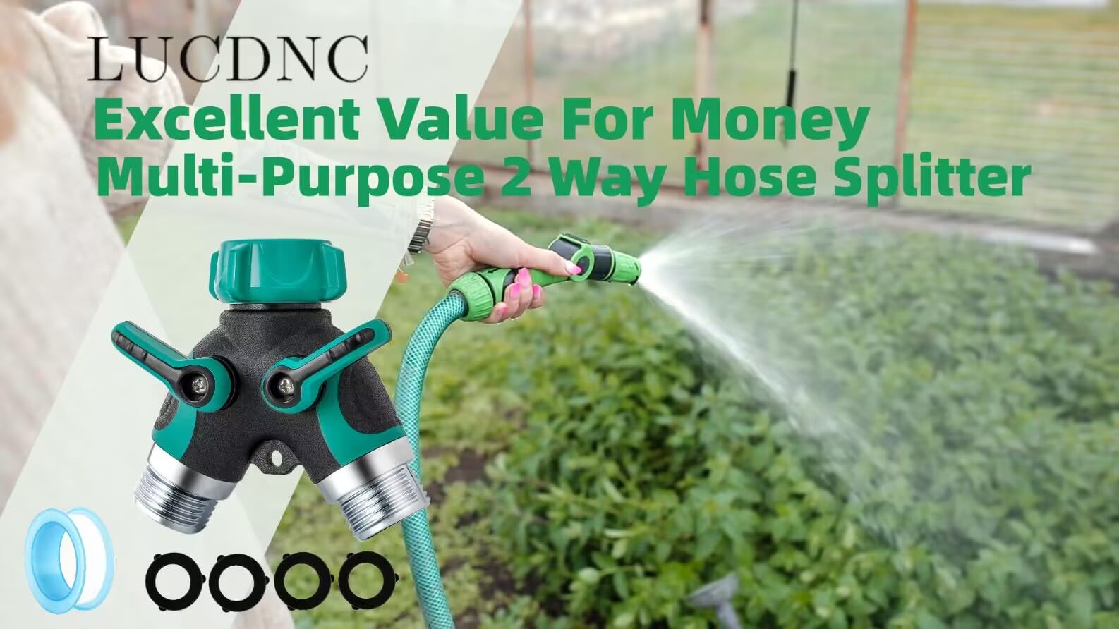 lucdnc Garden Hose Splitter packaging with included items