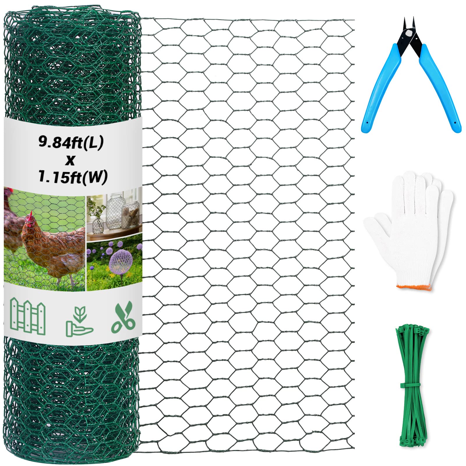 Lucomb Chicken Wire roll front view, green colour, 1.15ft x 9.84ft