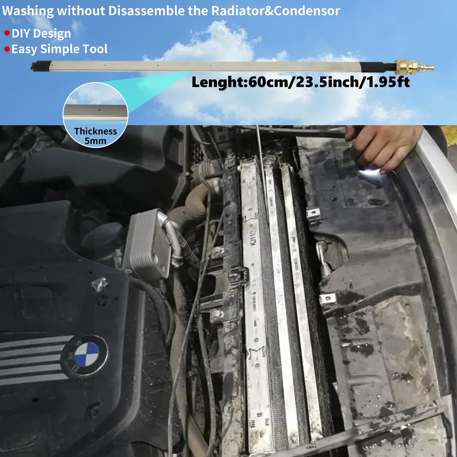 Lucstar Radiator Cleaning Wand in use cleaning a vehicle radiator