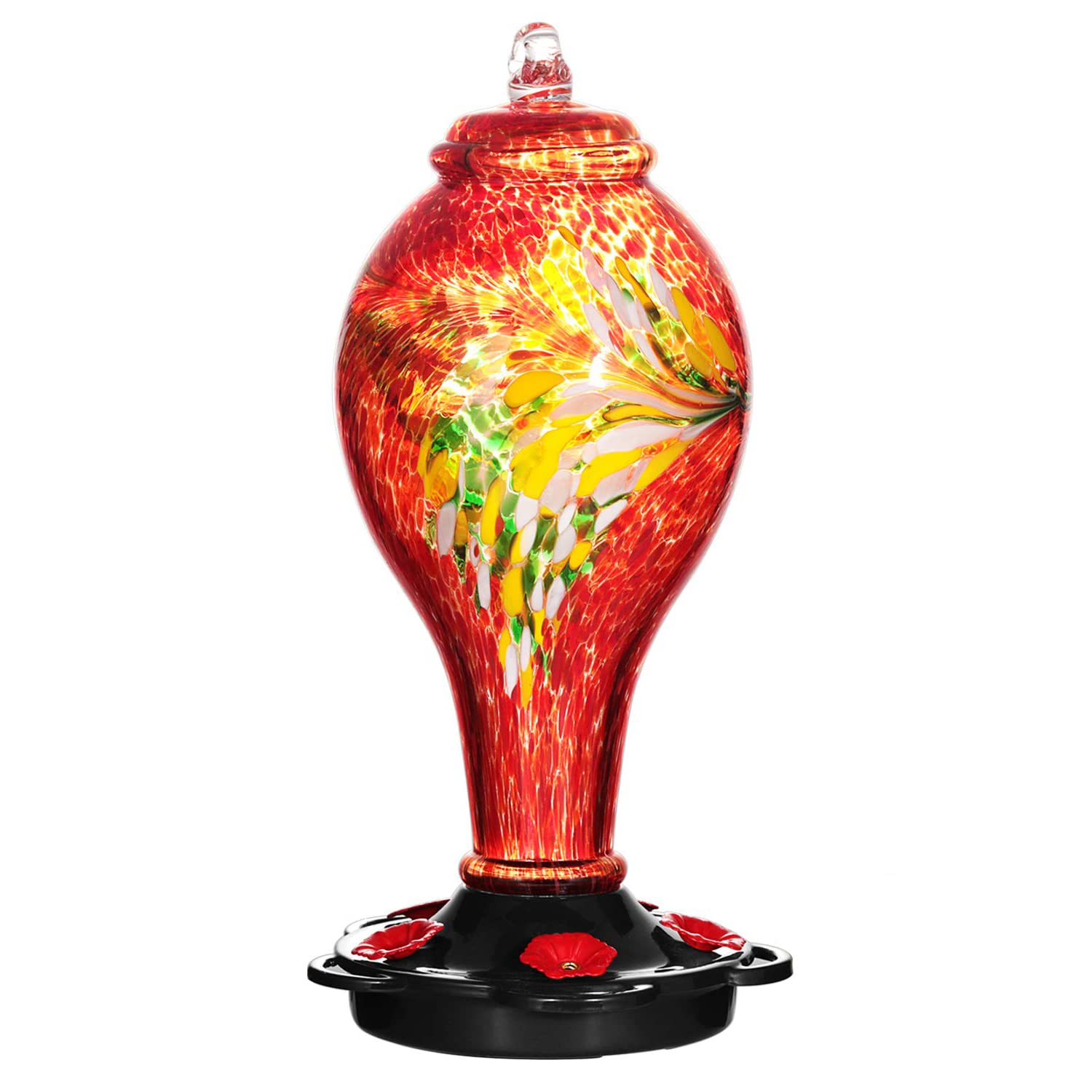 LUJII Hummingbird Feeder front view with red hand-blown glass