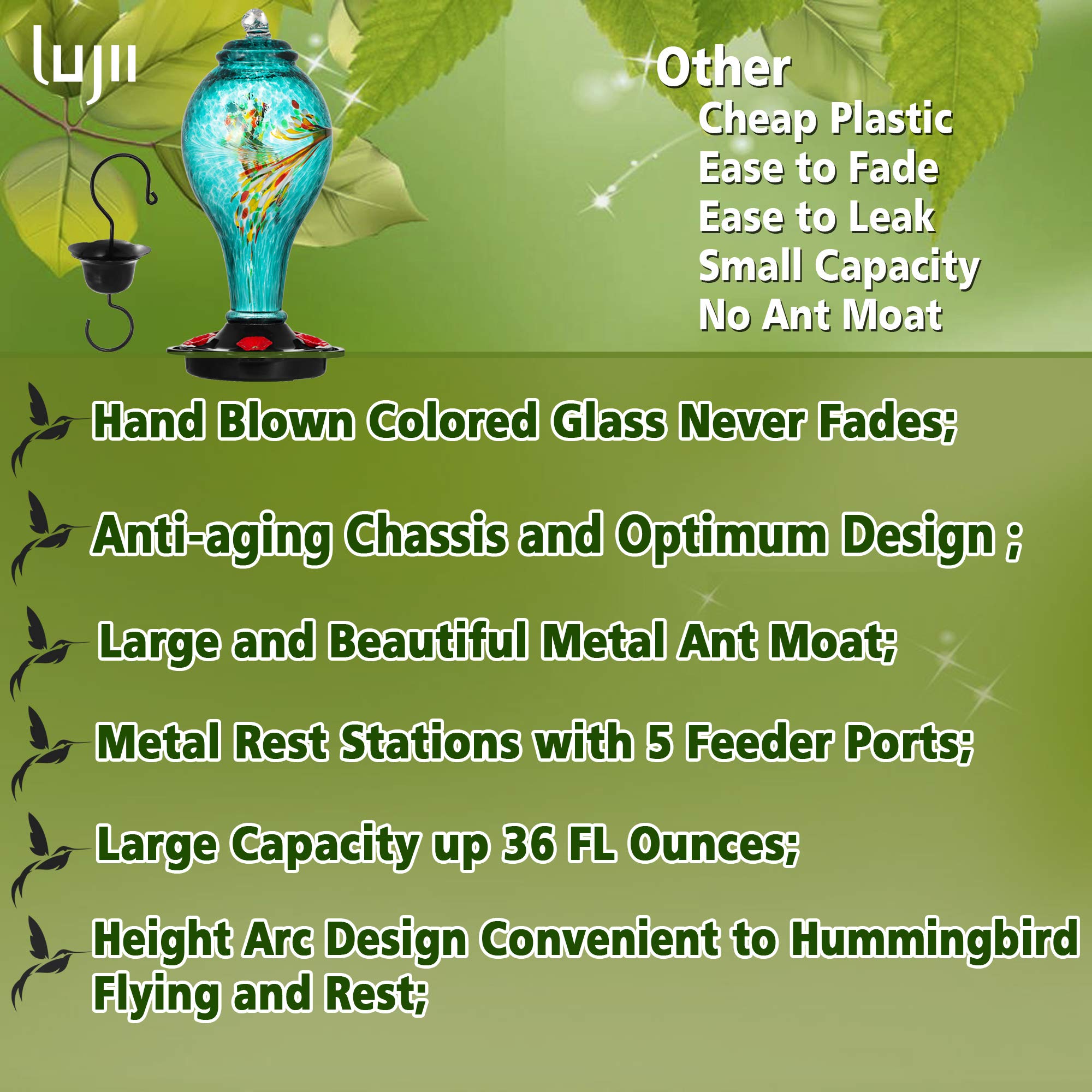 LUJII Hummingbird Feeder with ant moat included