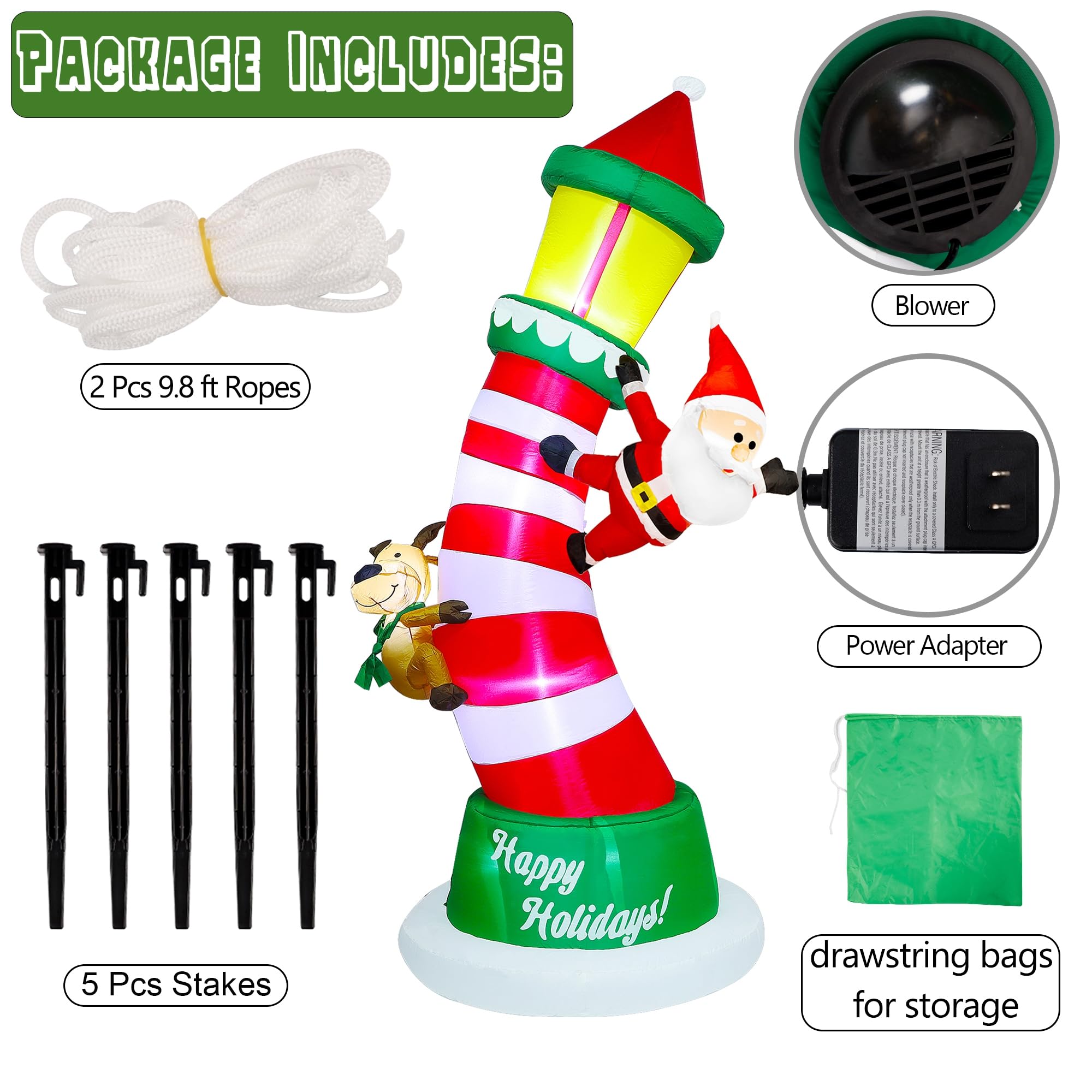 Lulu Home 9FT Christmas Inflatable Lighthouse side view showing stability stakes