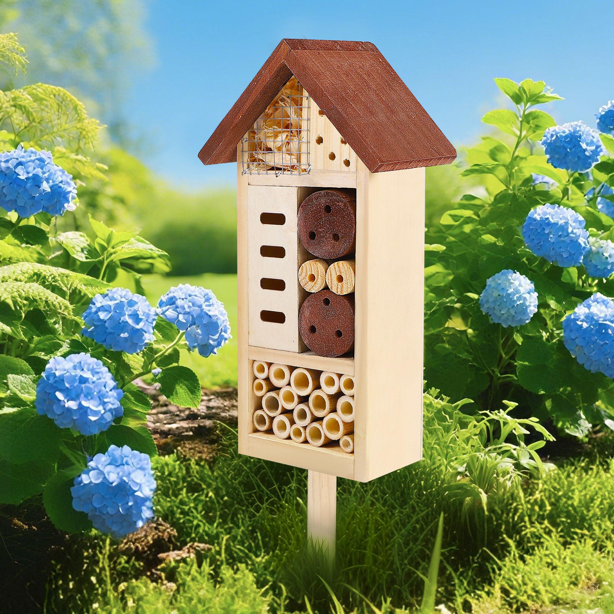Lulu Home Wooden Insect House among flowers