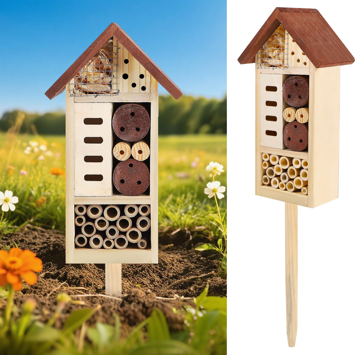 Lulu Home Wooden Insect House front view with bamboo tubes