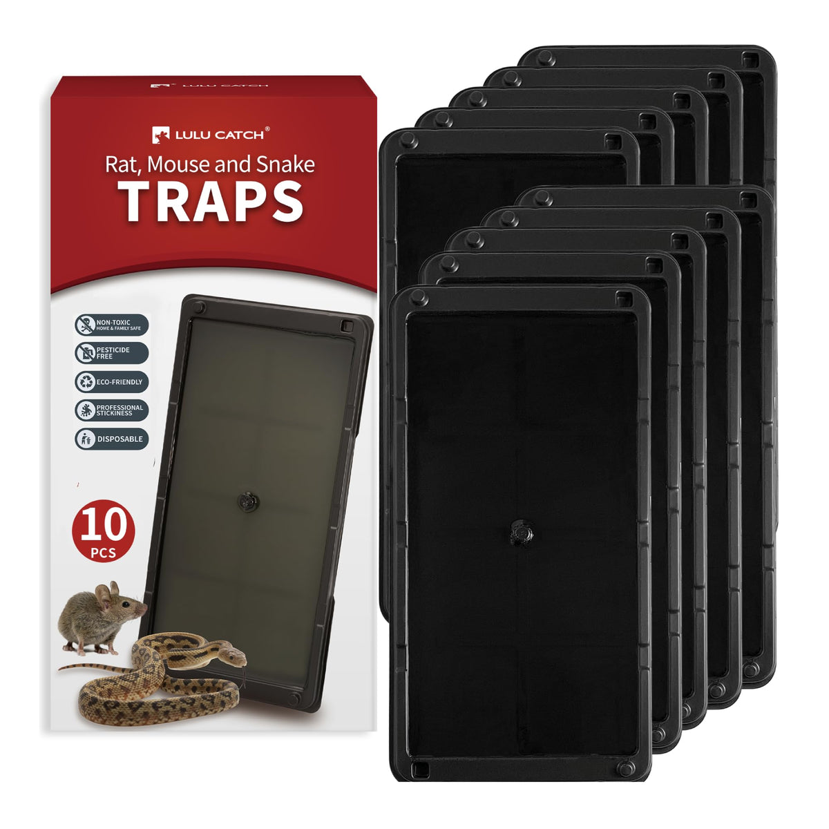 LULUCATCH Mouse Glue Traps 10 Pack, black heavy-duty traps displayed