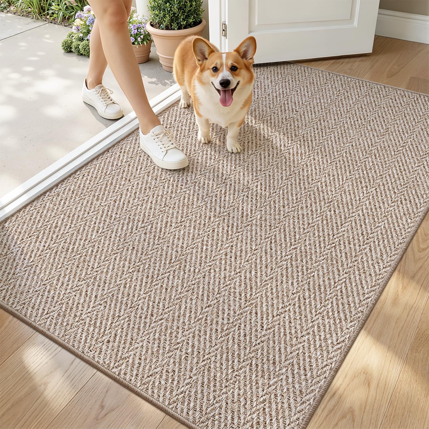 LUMI Ultra Thin Indoor Door Mat 36"x56" front view in deep beige