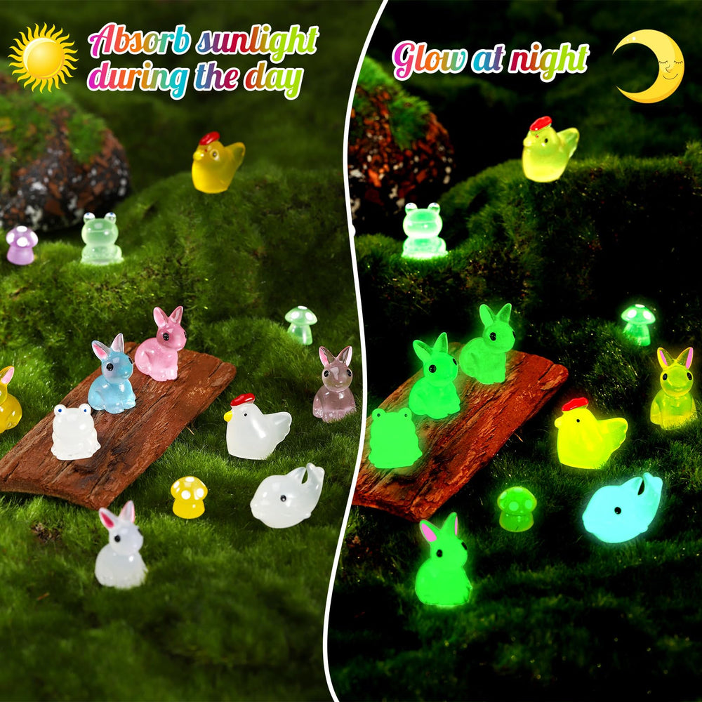 Luminous mini chicken and frogs in a garden setting