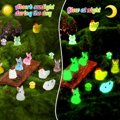 Luminous mini chicken and frogs in a garden setting