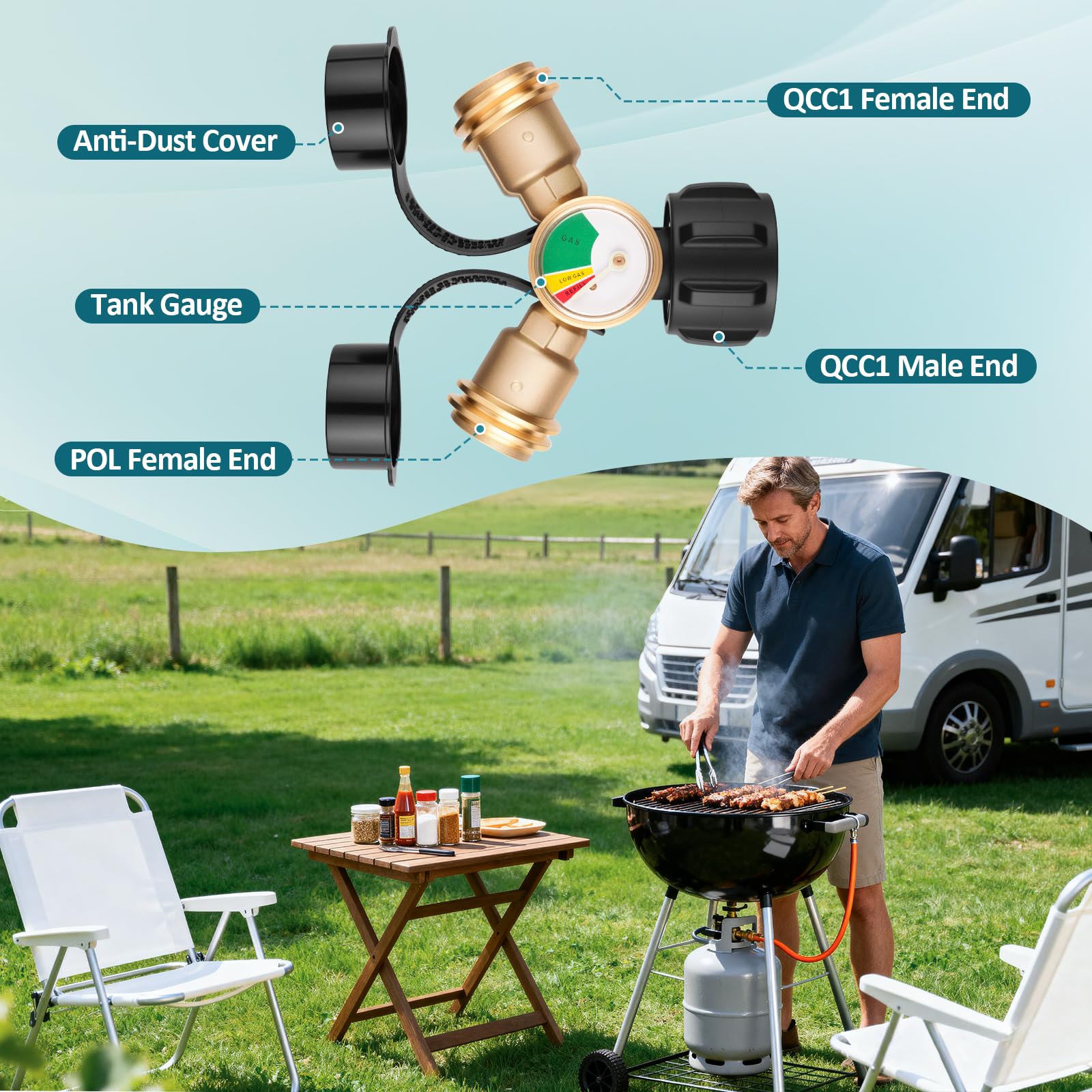 Luney Propane Splitter with camping stove and grill connected