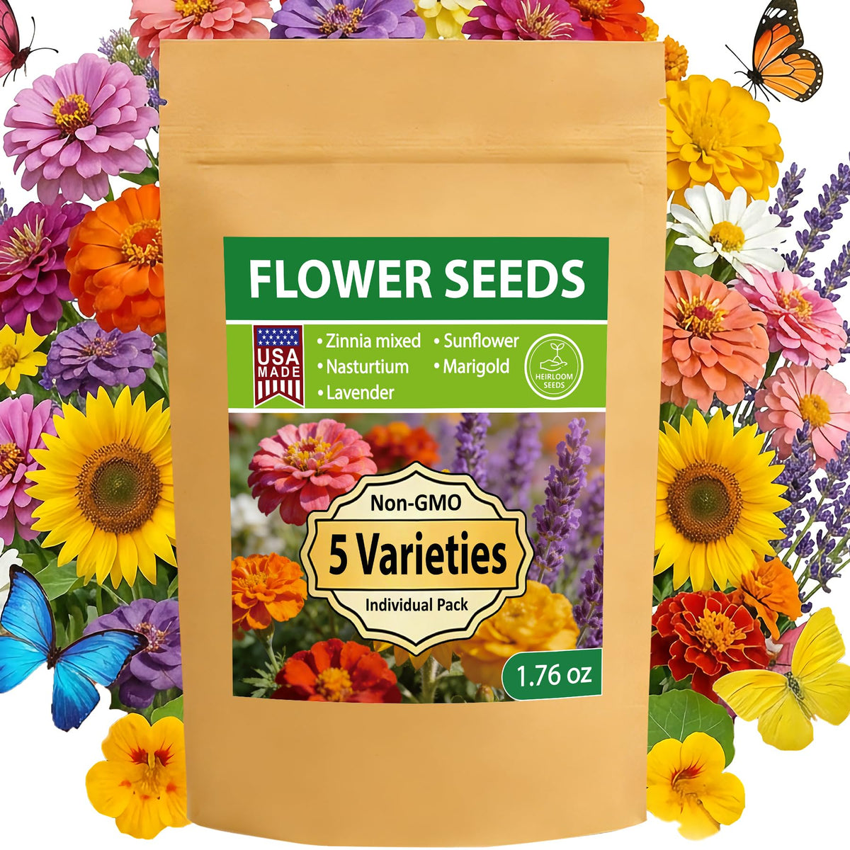 LUOJIBIE Flower Seeds Variety Pack front view with individual packs