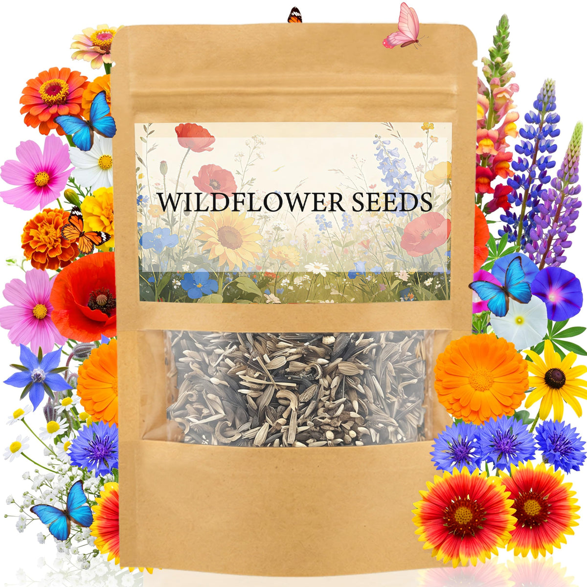 LUOJIBIE Wildflower Seeds Mix packet front view with vibrant flowers