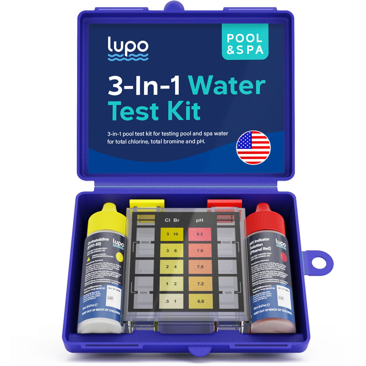 Lupo 3-in-1 Pool Test Kit front view with heavy-duty storage case