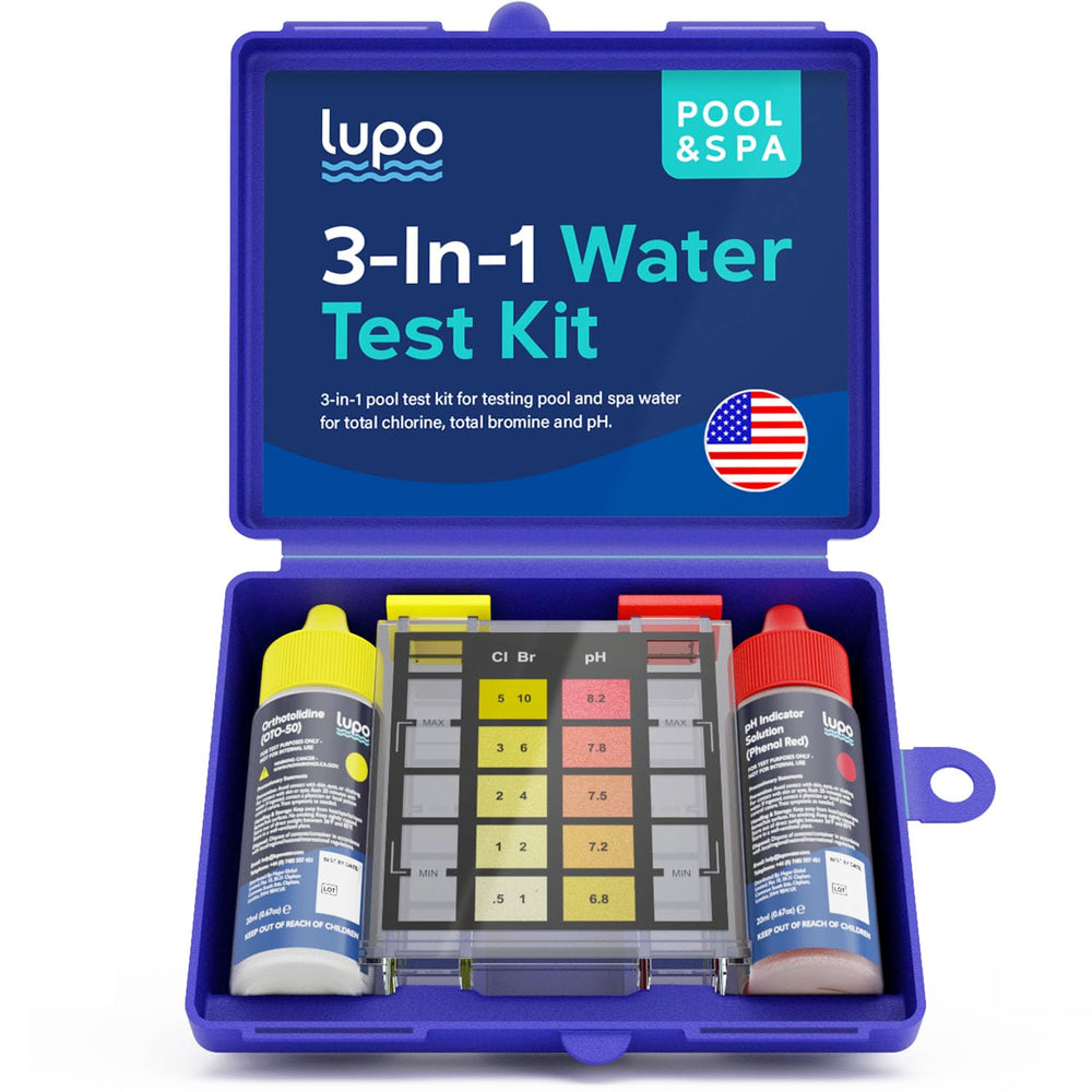 Lupo 3-in-1 Pool Test Kit front view with heavy-duty storage case