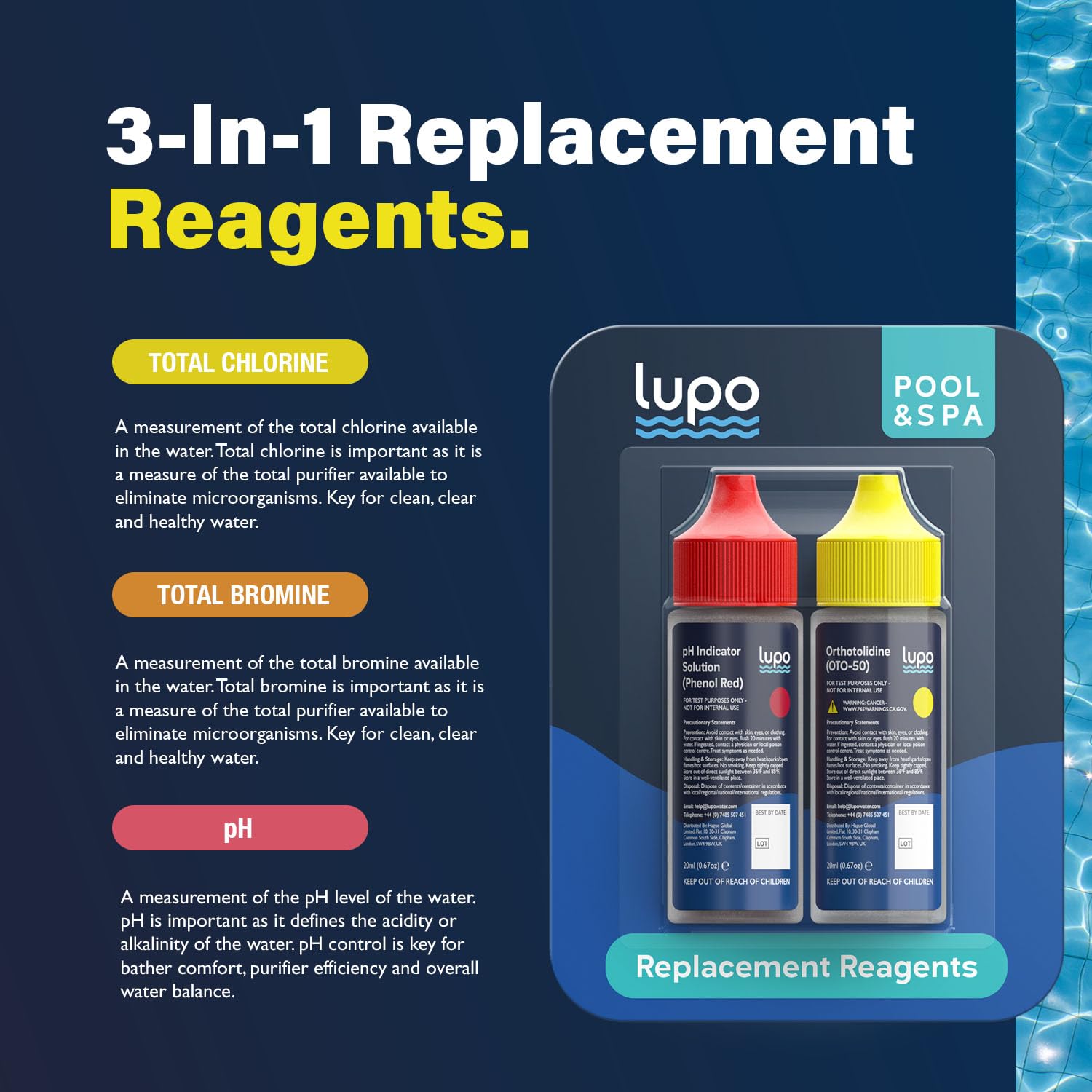 Lupo 3-in-1 Pool Test Kit Reagents usage instructions