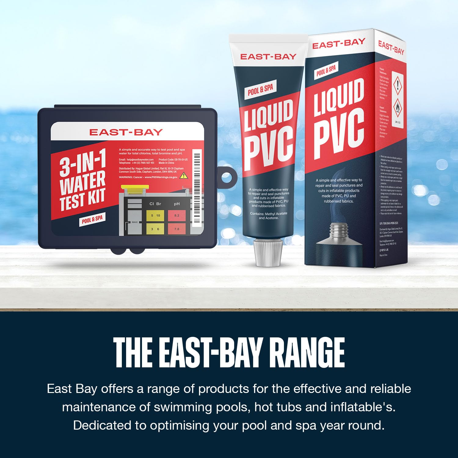 Lupo East Bay Pool Test Kit packaging and contents