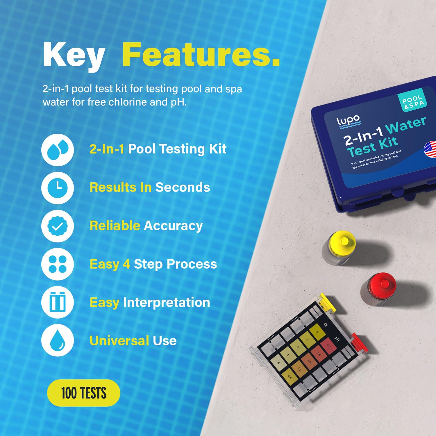 Lupo Pool Test Kit components including comparator and reagents