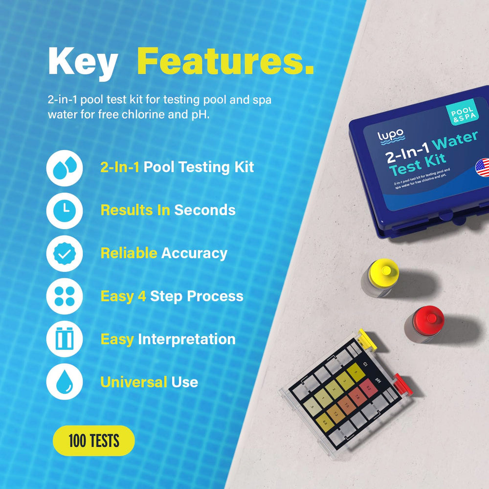 Lupo Pool Test Kit components including comparator and reagents