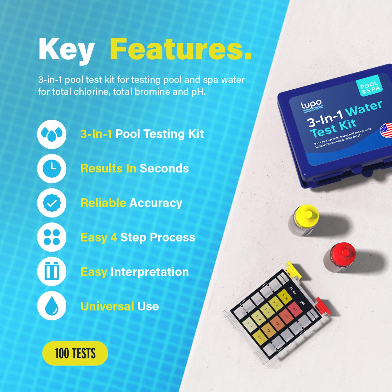 Lupo Pool Test Kit contents including comparator and reagents