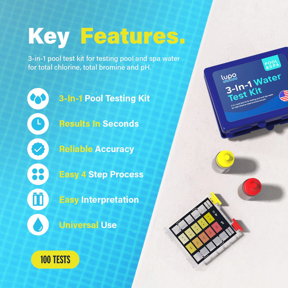 Lupo Pool Test Kit contents including comparator and reagents