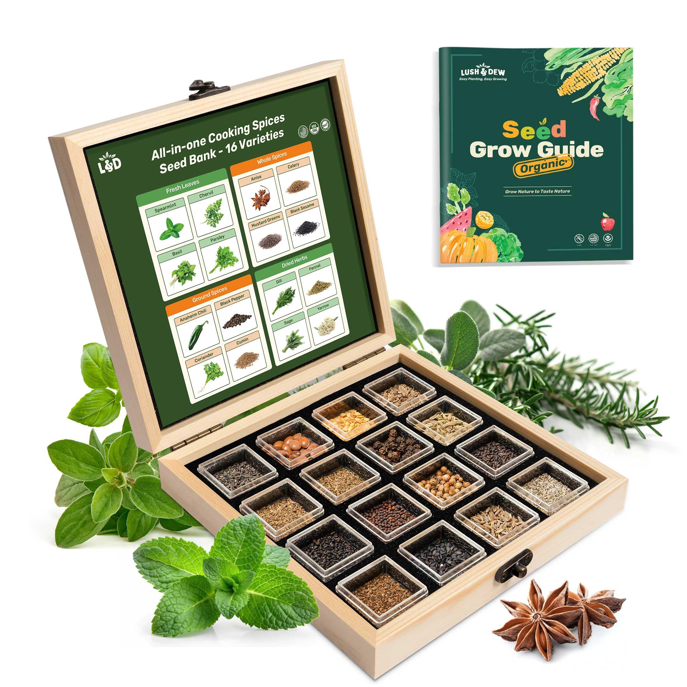 LUSH&DEW Culinary Herbs Garden Seed Bank wooden storage box with seeds