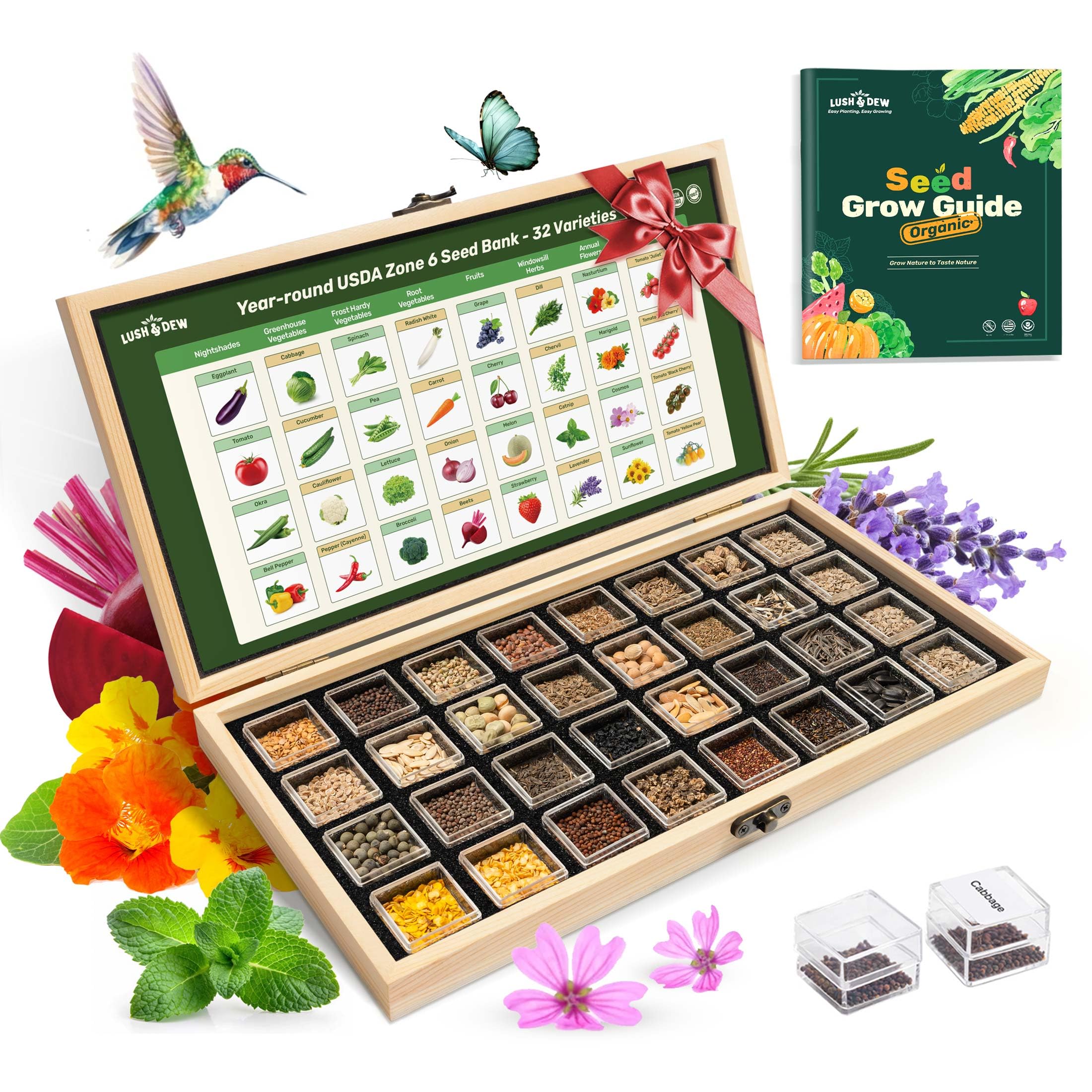 LUSH&DEW Heirloom Seed Kit wooden storage box with seeds