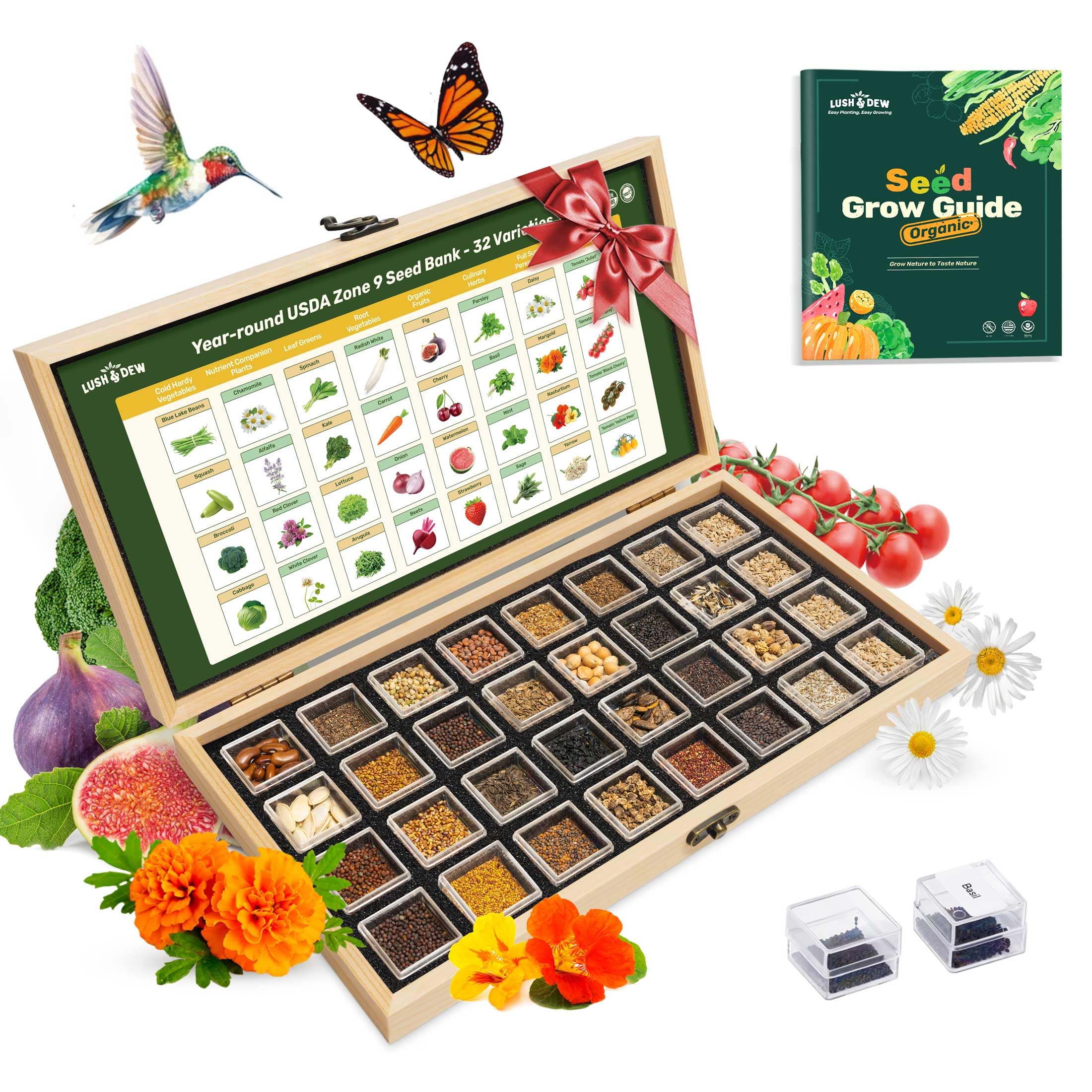 LUSH&DEW Seed Bank front view with 32 heirloom seed packets
