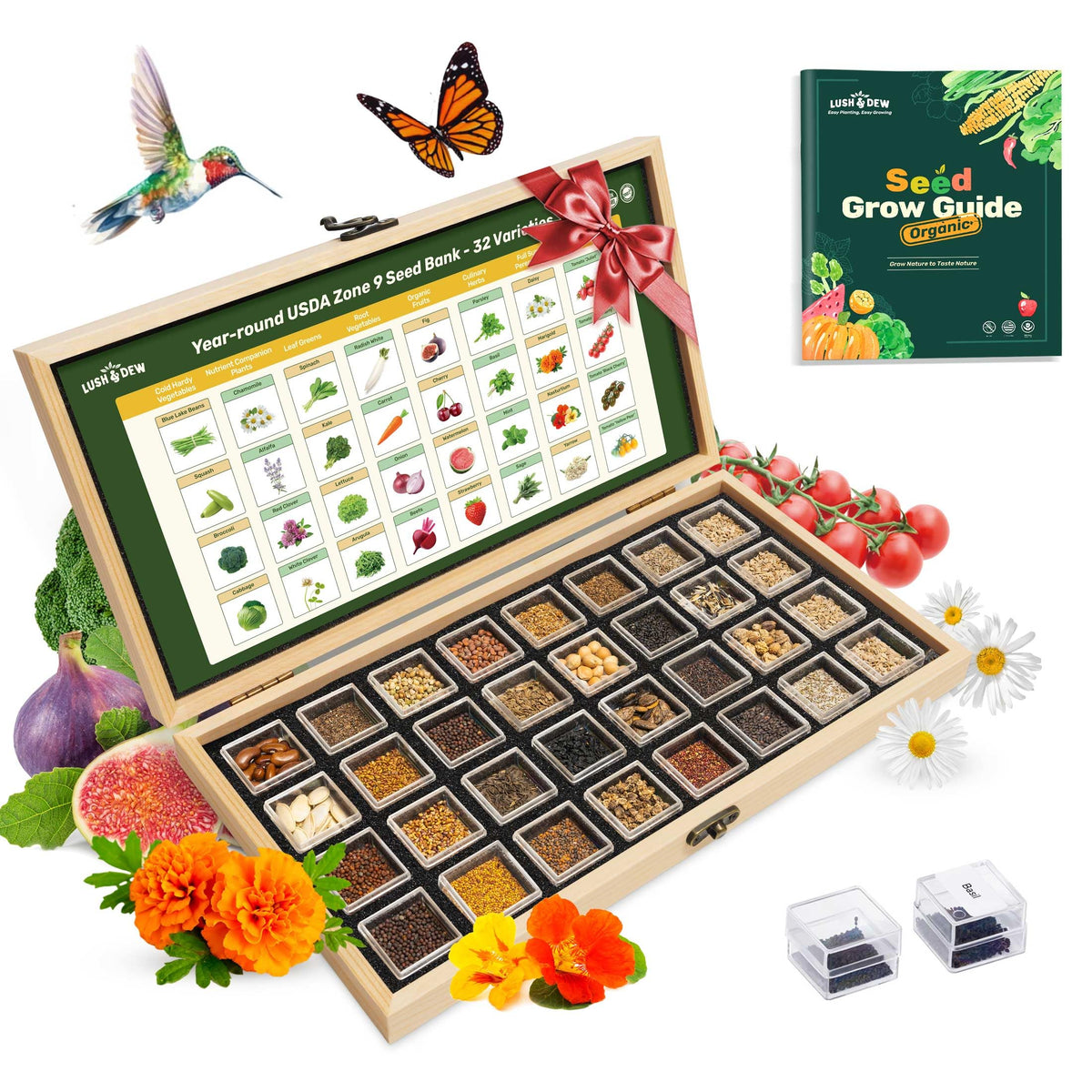 LUSH&DEW Seed Bank front view with 32 heirloom seed packets