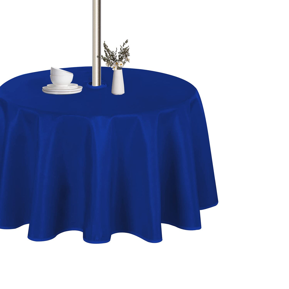 LUSHVIDA 60 inch round blue tablecloth front view with umbrella hole
