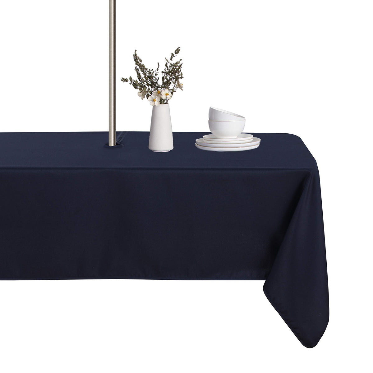 LUSHVIDA 60x60 inch square outdoor tablecloth in navy with umbrella hole