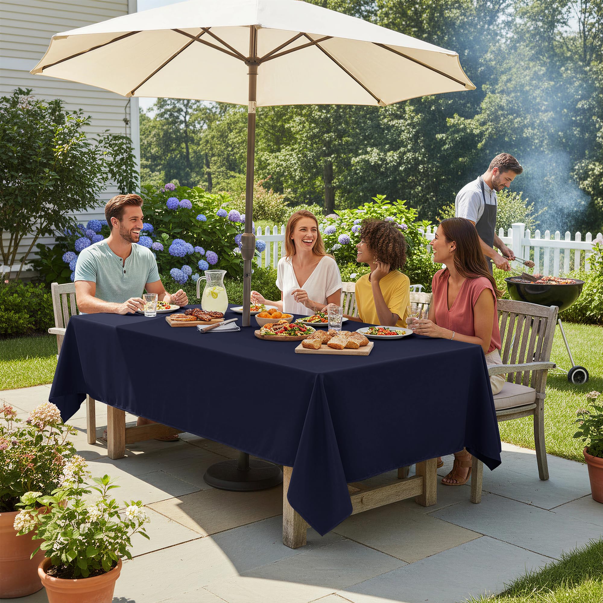 LUSHVIDA Navy Tablecloth in outdoor setting