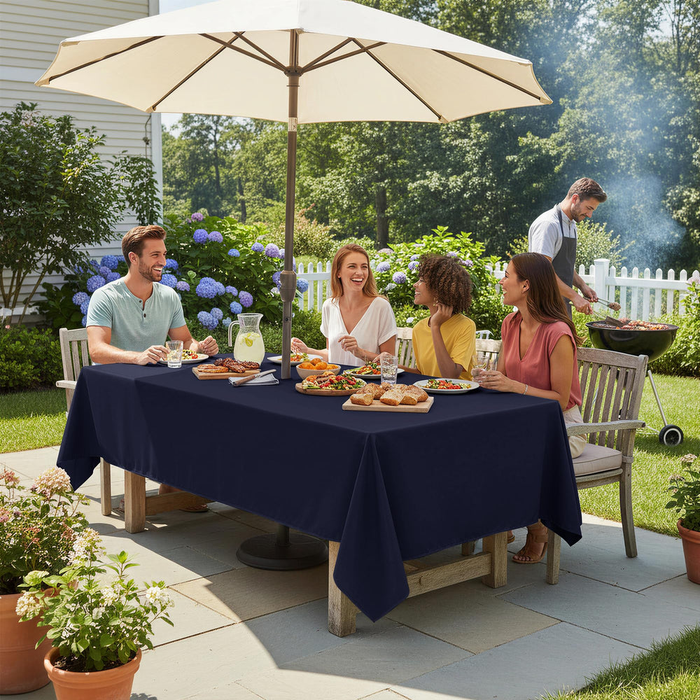 LUSHVIDA Navy Tablecloth in outdoor setting