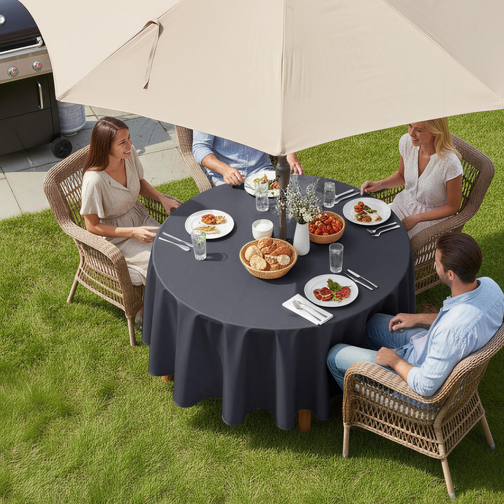 LUSHVIDA Round Outdoor Tablecloth 60 inch grey with zipper and umbrella hole