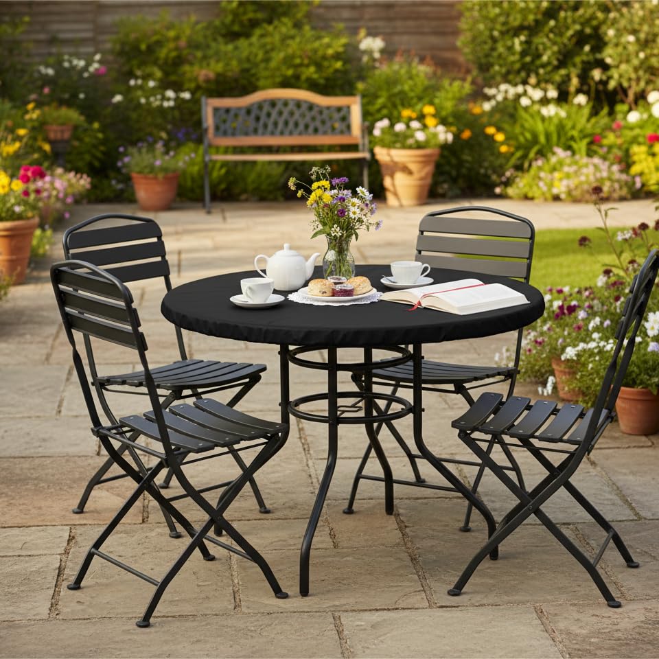 LUSHVIDA Round Tablecloth 56" black showing elastic edges