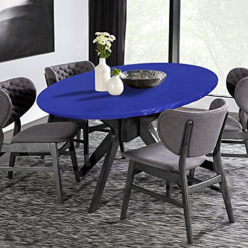 LUSHVIDA Round Tablecloth blue model side view showing elastic edges