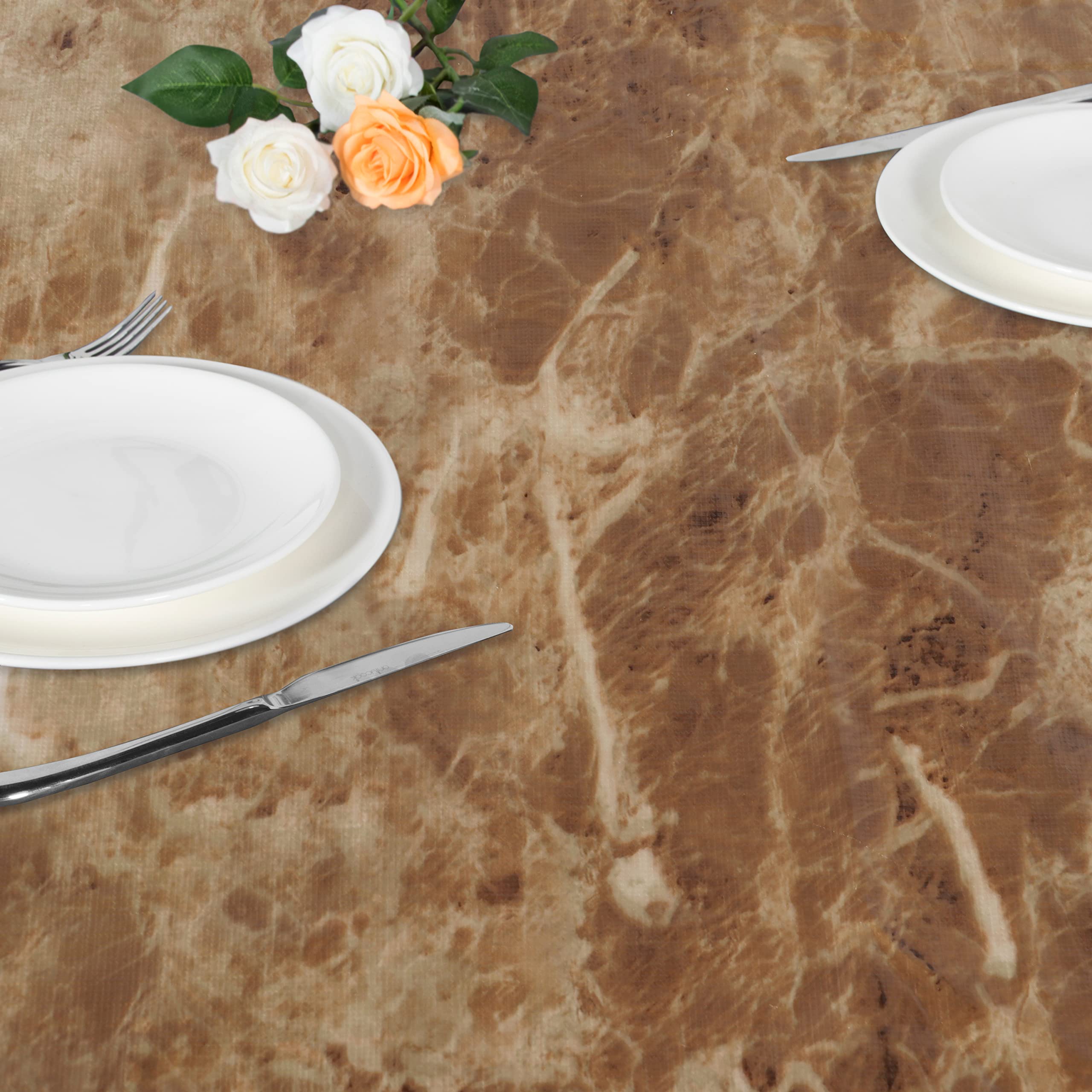 LUSHVIDA Round Tablecloth Brown Marble in outdoor setting
