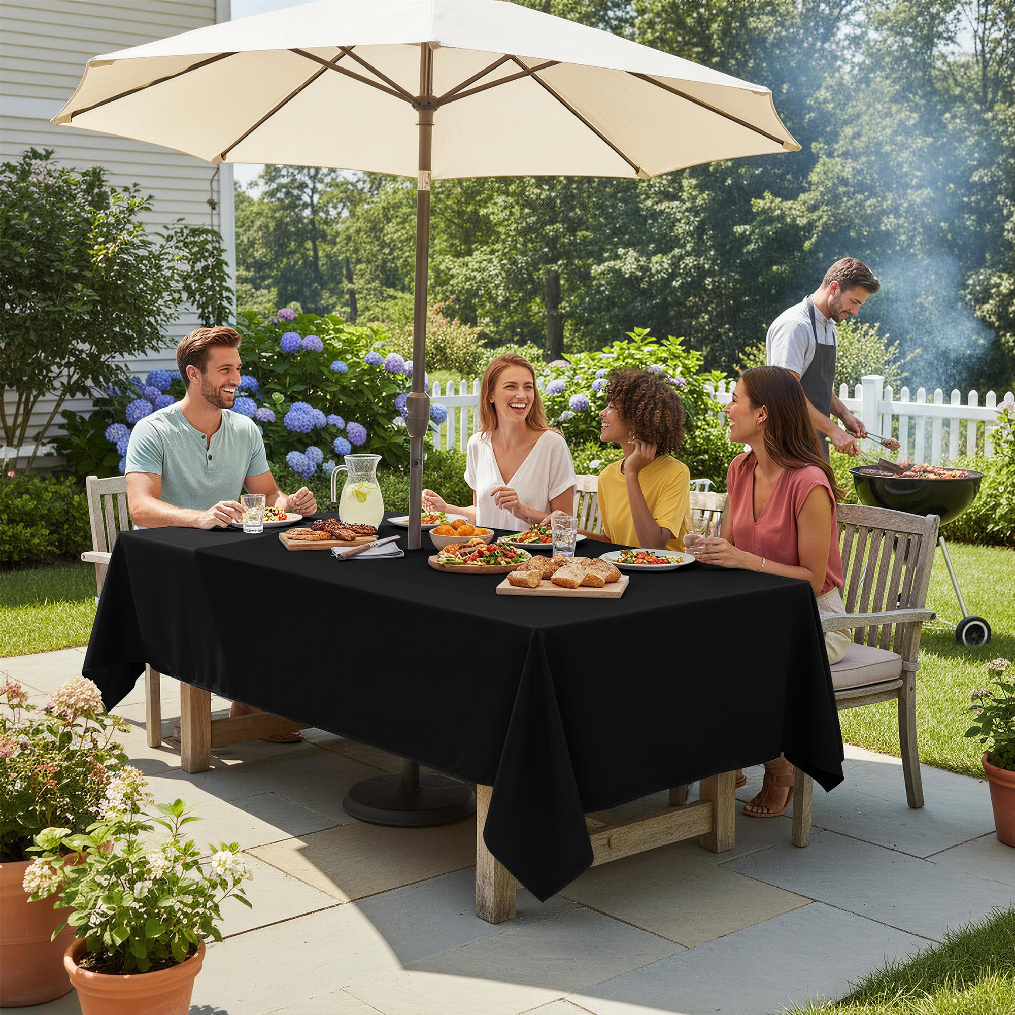 LUSHVIDA tablecloth on patio table with umbrella