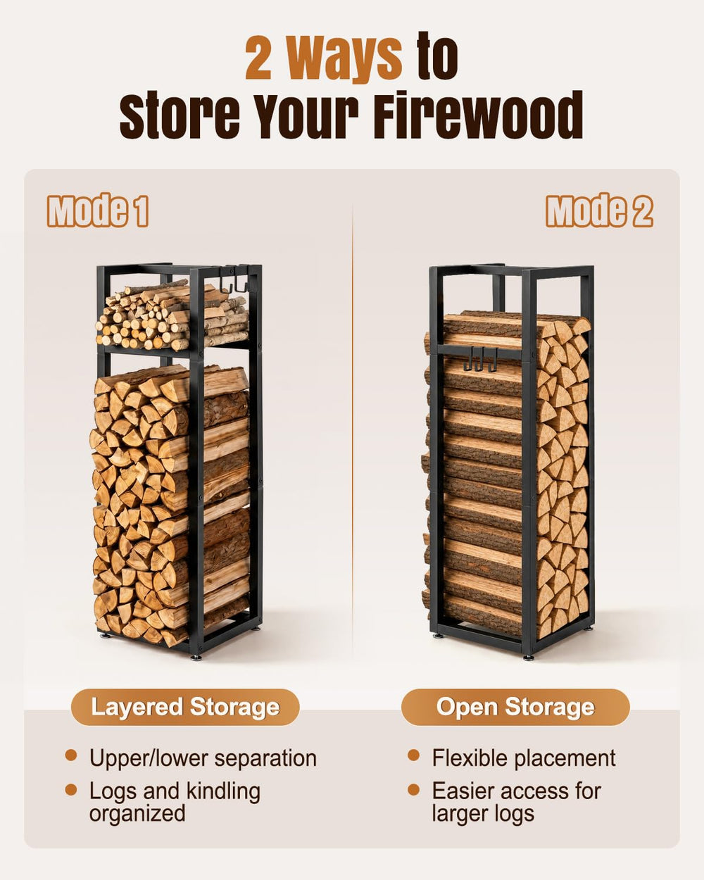 LUSHZOO Firewood Rack assembled beside a fireplace